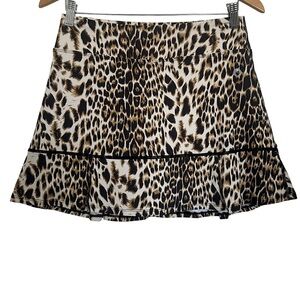 Dona Jo Women’s Leopard Print A-Line Stretch Skirt Shorts Skort Sz 2 (L) Ruffle